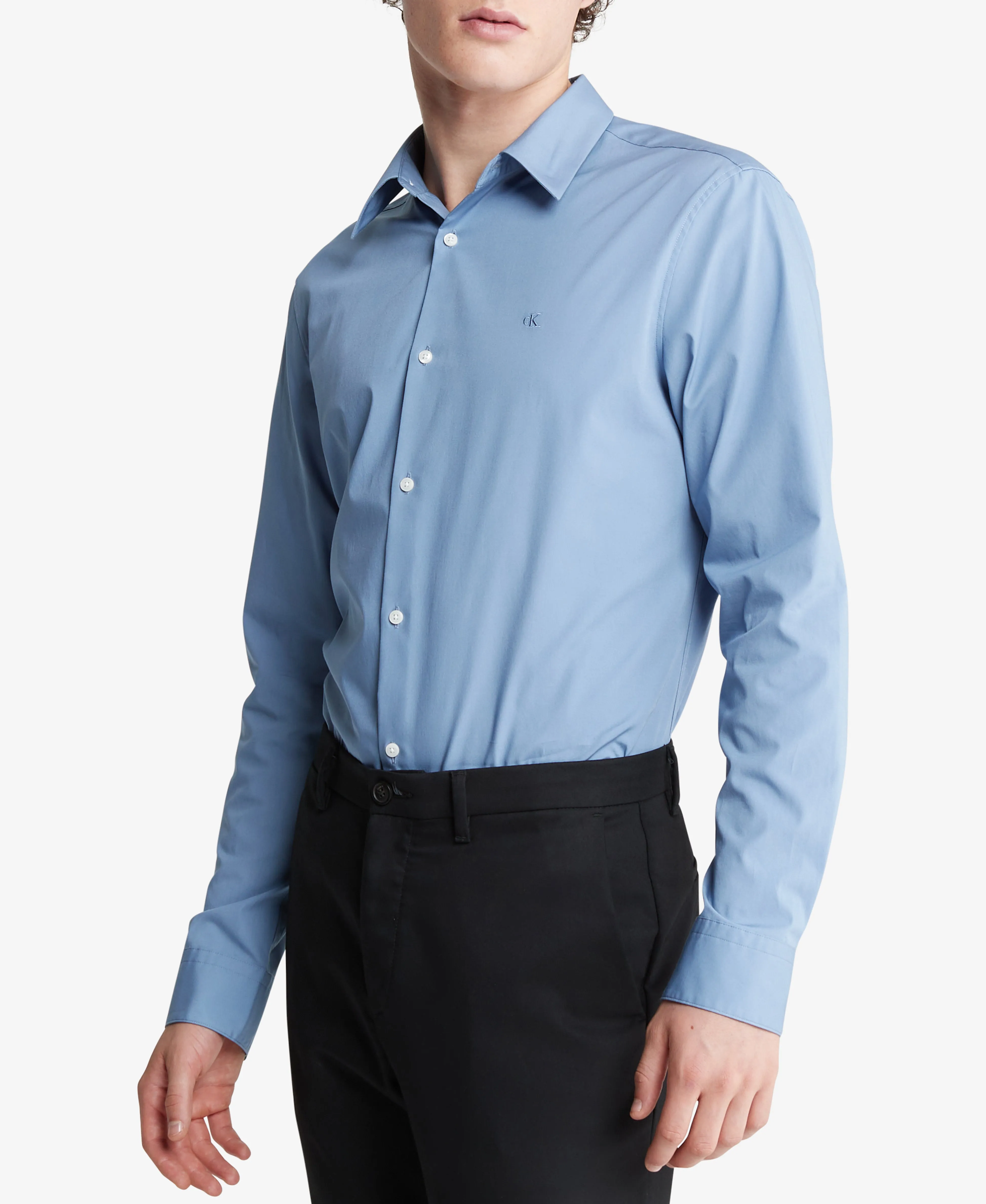 BestSelling Long Sleeve Solid Stretch Slim Woven Shirt Blue  Ends Soon!