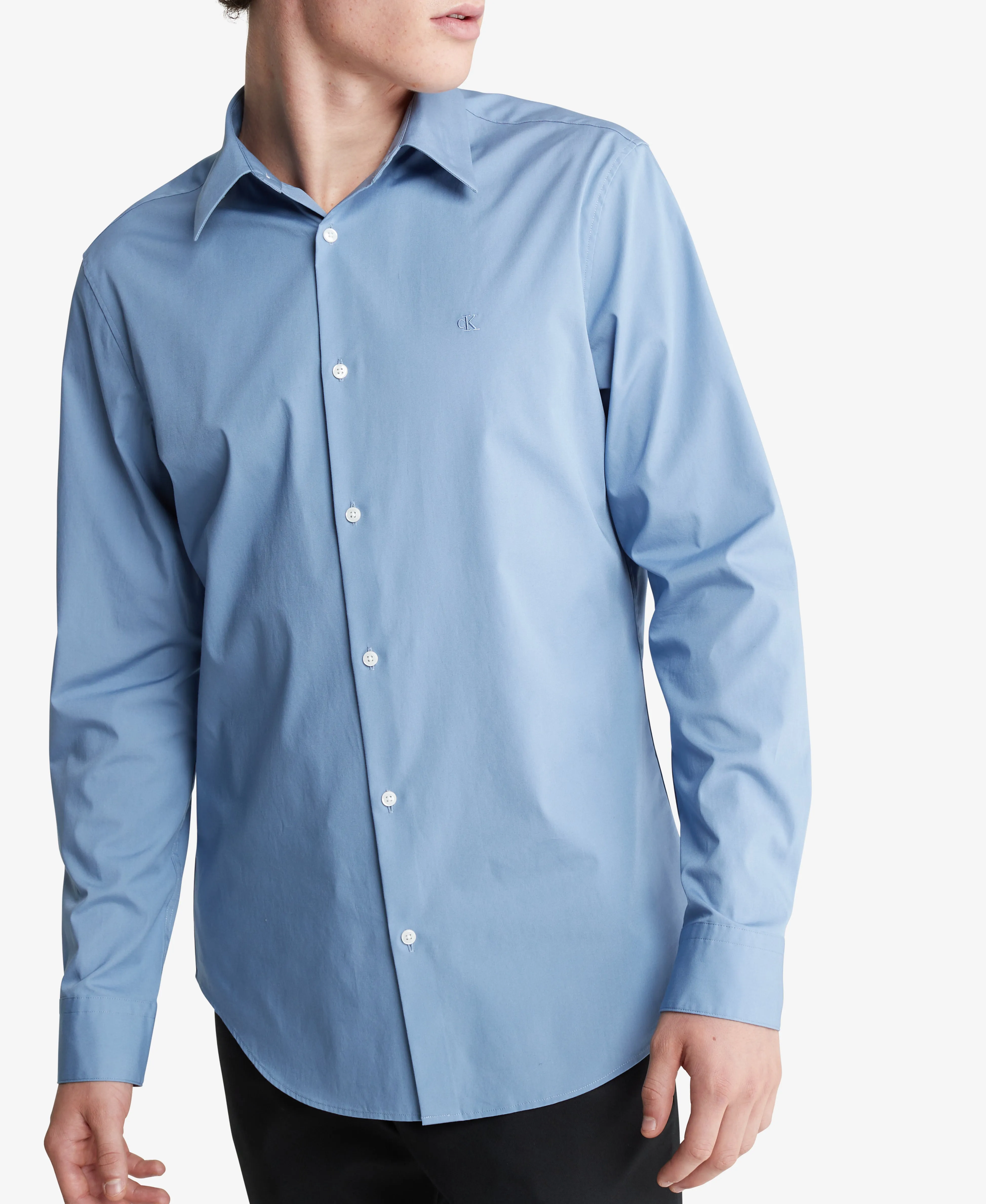 BestSelling Long Sleeve Solid Stretch Slim Woven Shirt Blue  Ends Soon!