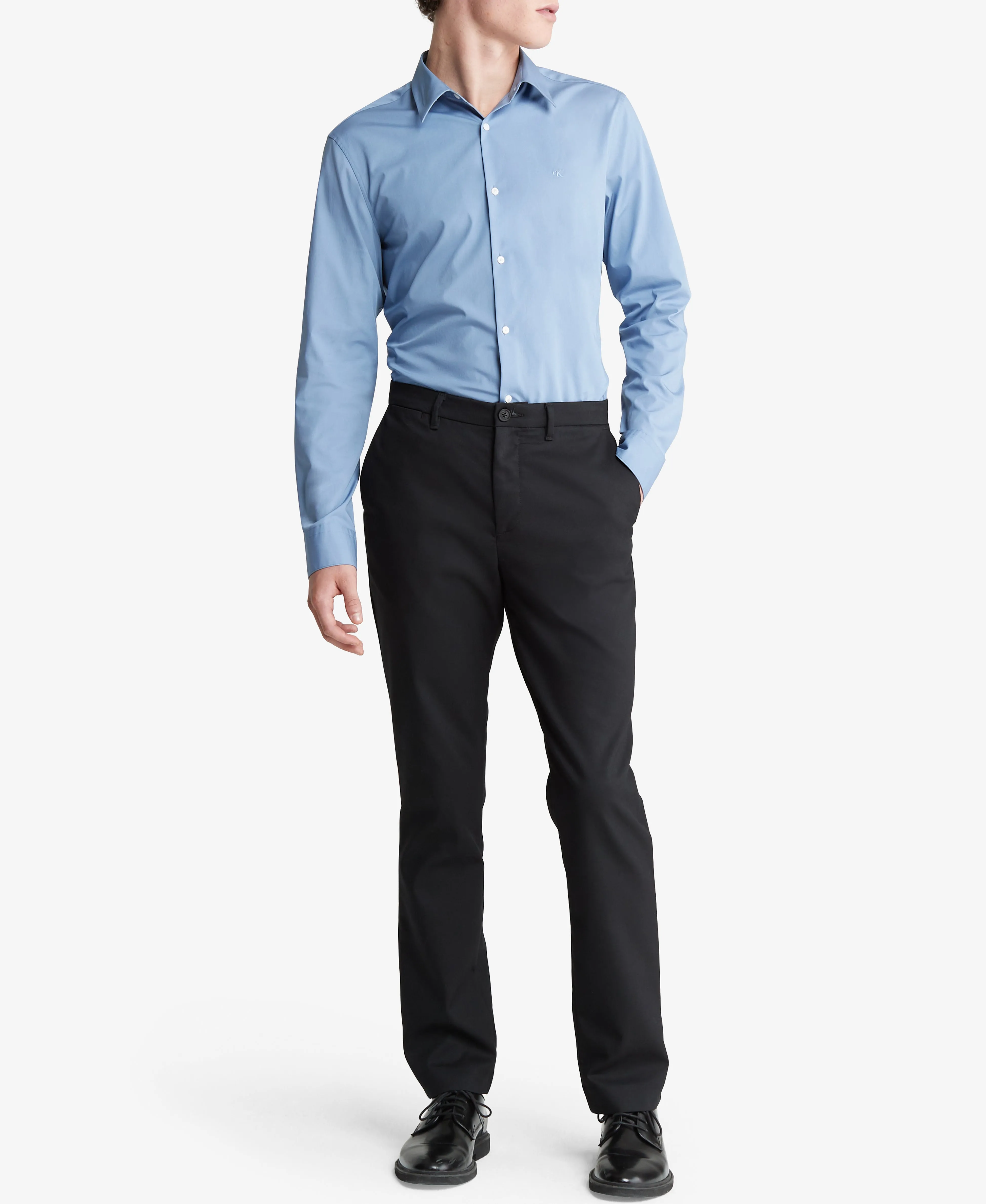 BestSelling Long Sleeve Solid Stretch Slim Woven Shirt Blue  Ends Soon!