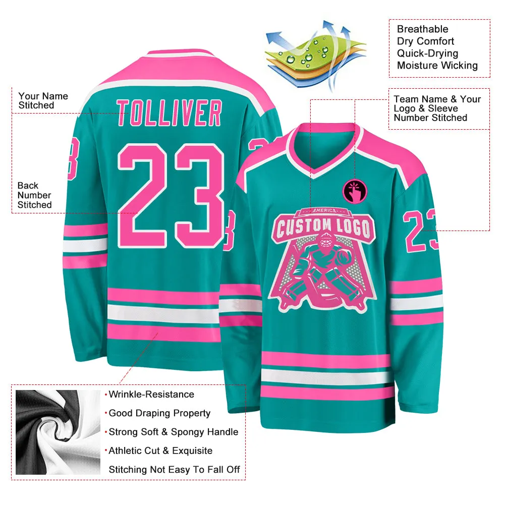 Custom Aqua Pink-White Hockey Jersey FansIdea
