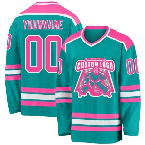 Custom Aqua Pink-White Hockey Jersey FansIdea