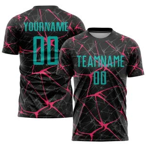 Custom Black Aqua-Neon Pink Sublimation Soccer Uniform Jersey FansIdea