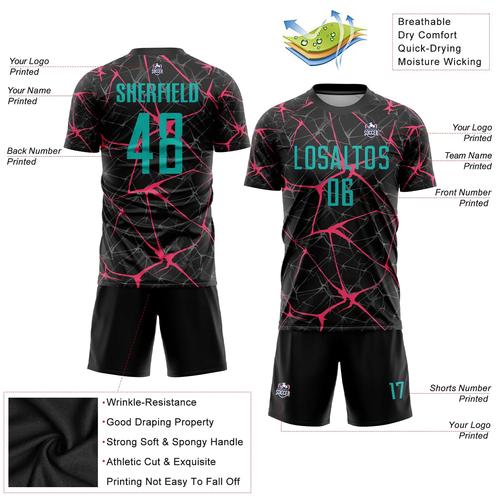Custom Black Aqua-Neon Pink Sublimation Soccer Uniform Jersey FansIdea