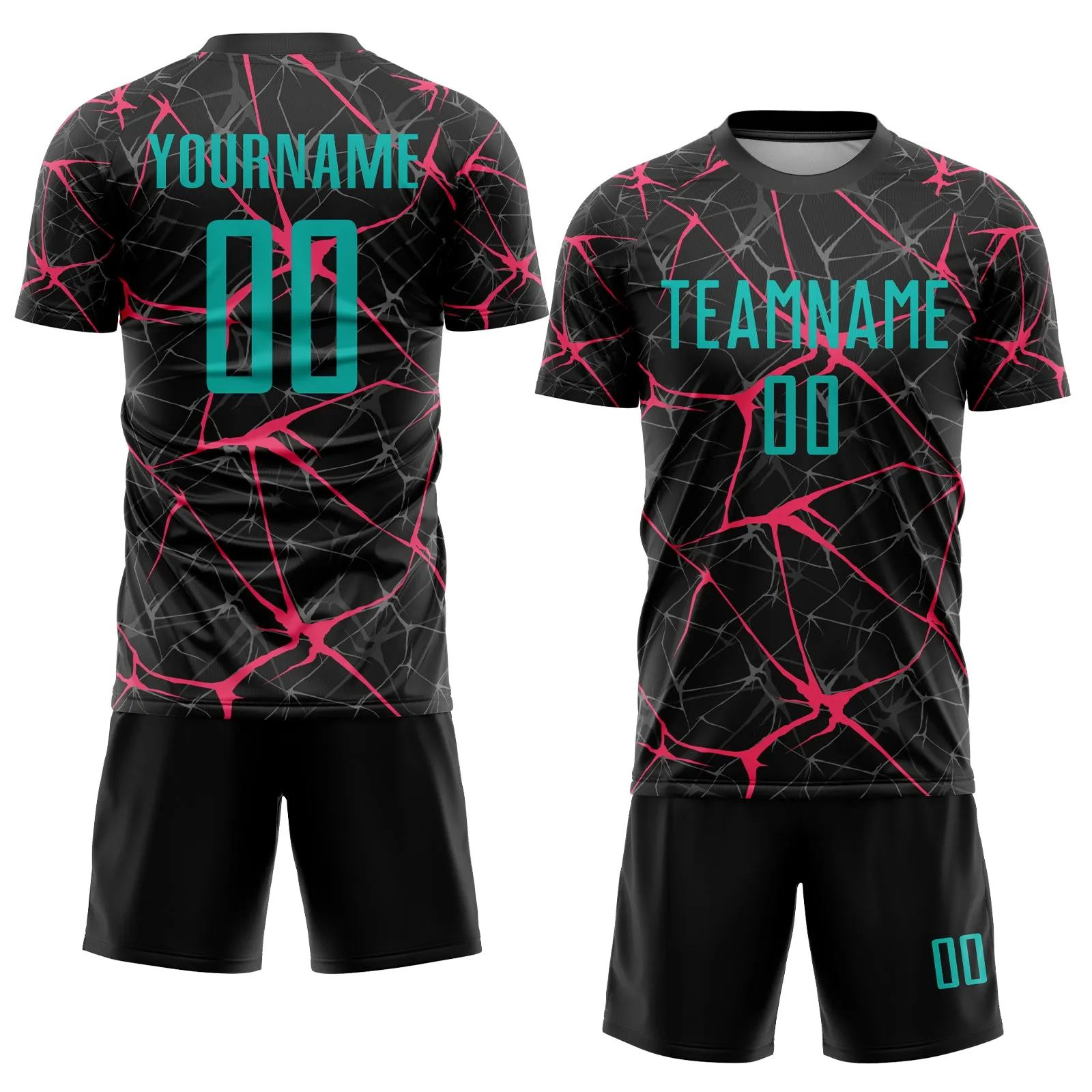 Custom Black Aqua-Neon Pink Sublimation Soccer Uniform Jersey FansIdea