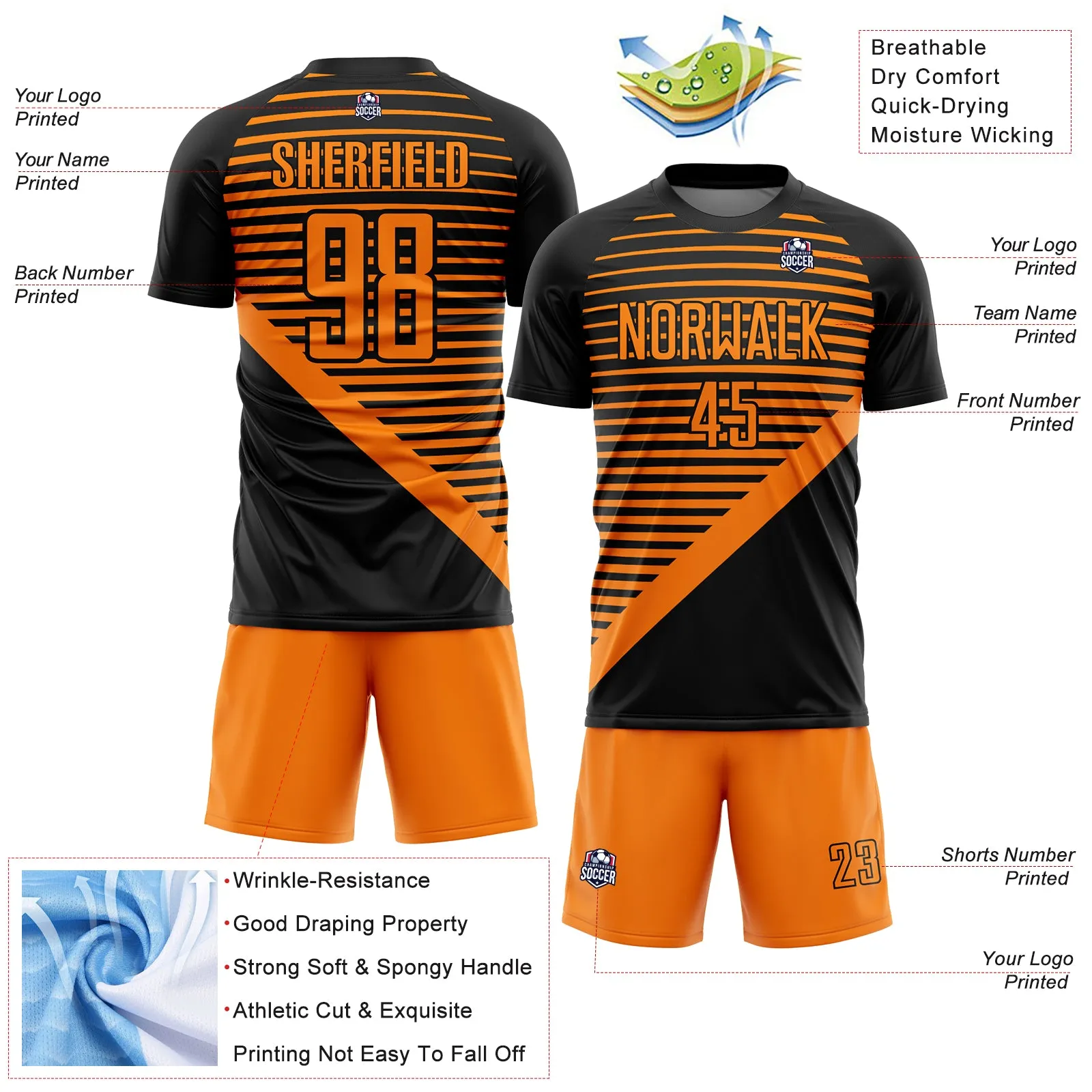 Custom Black Bay Orange Stripes Sublimation Soccer Uniform Jersey FansIdea