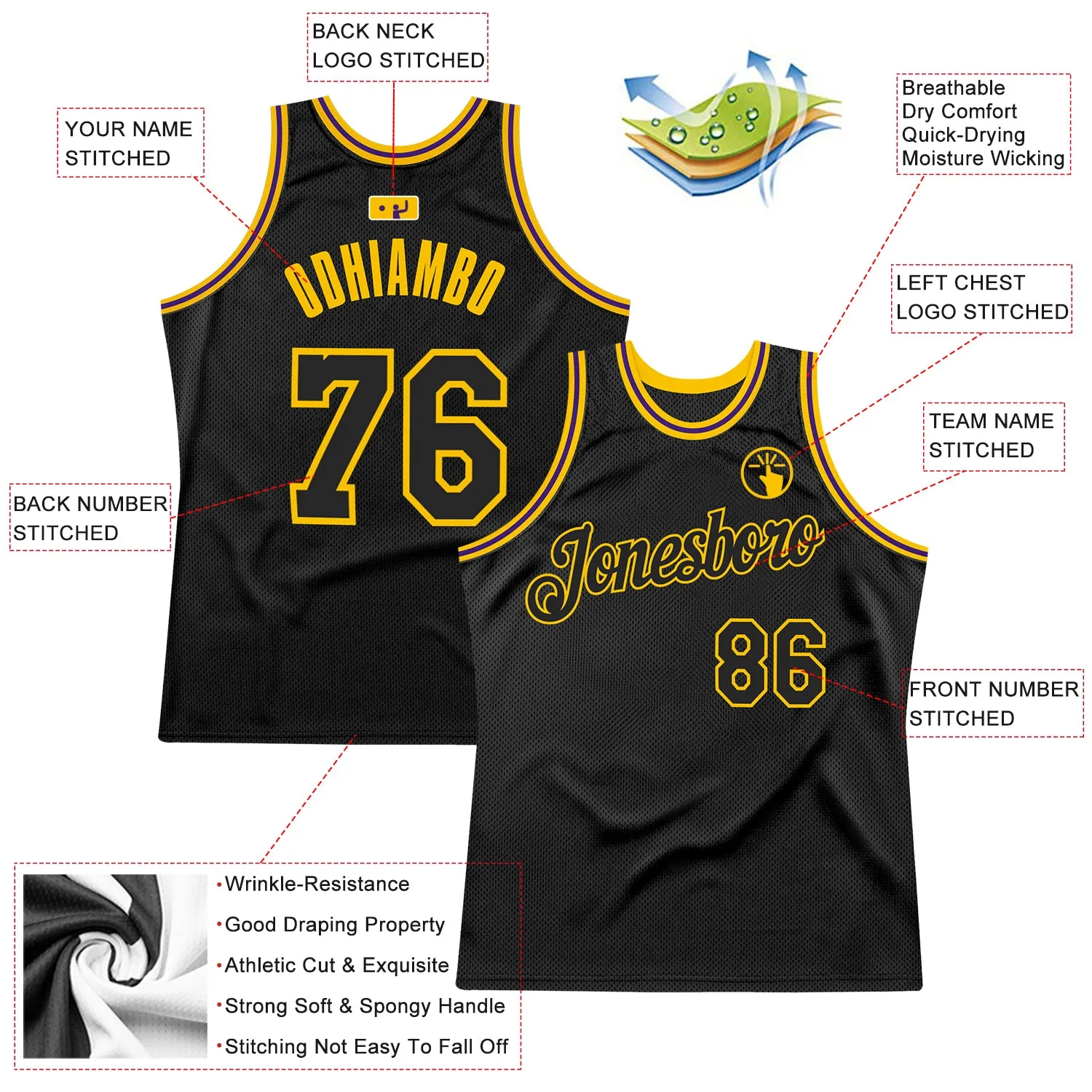 Custom Black Black Gold-Purple Authentic Throwback Basketball Jersey FansIdea