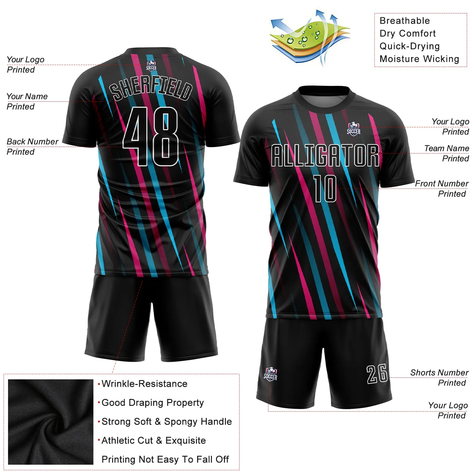 Custom Black Black Light Blue-Pink Sublimation Soccer Uniform Jersey FansIdea