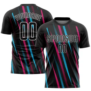 Custom Black Black Light Blue-Pink Sublimation Soccer Uniform Jersey FansIdea