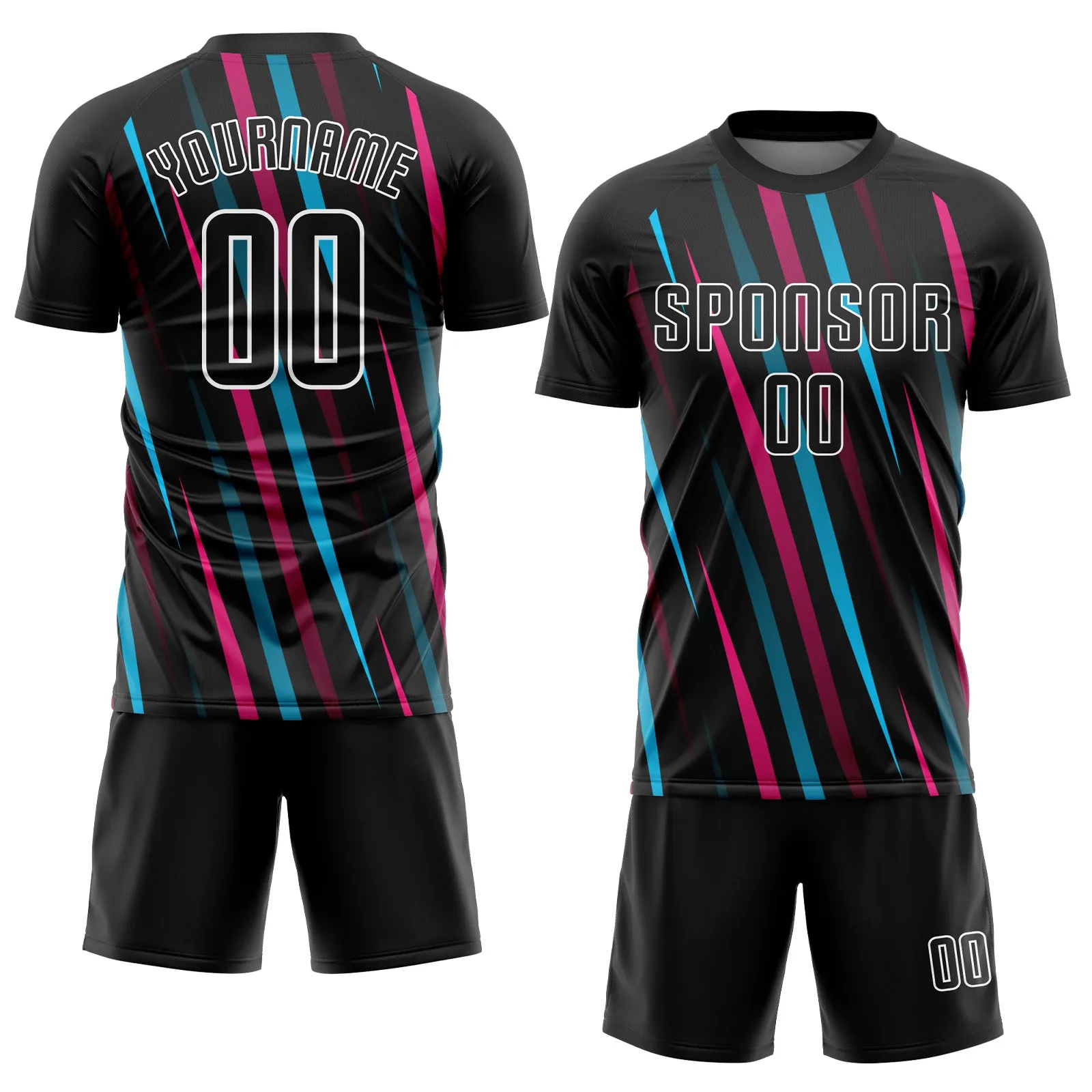 Custom Black Black Light Blue-Pink Sublimation Soccer Uniform Jersey FansIdea