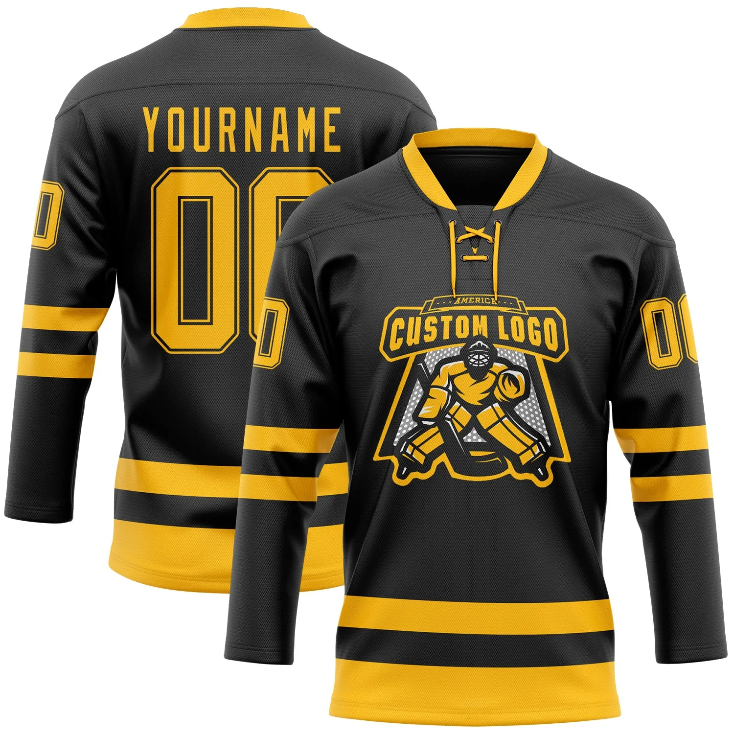 Custom Black Gold Hockey Lace Neck Jersey FansIdea
