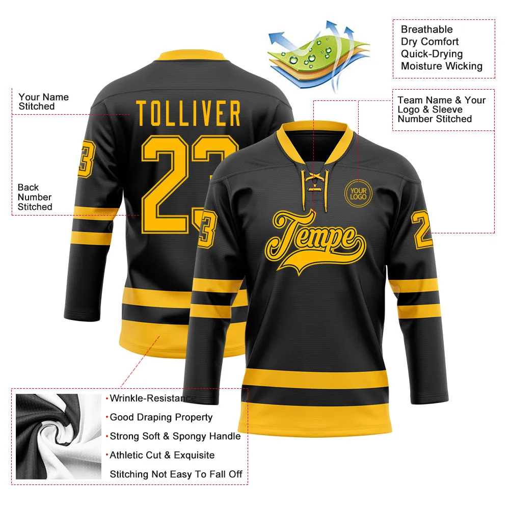 Custom Black Gold Hockey Lace Neck Jersey FansIdea