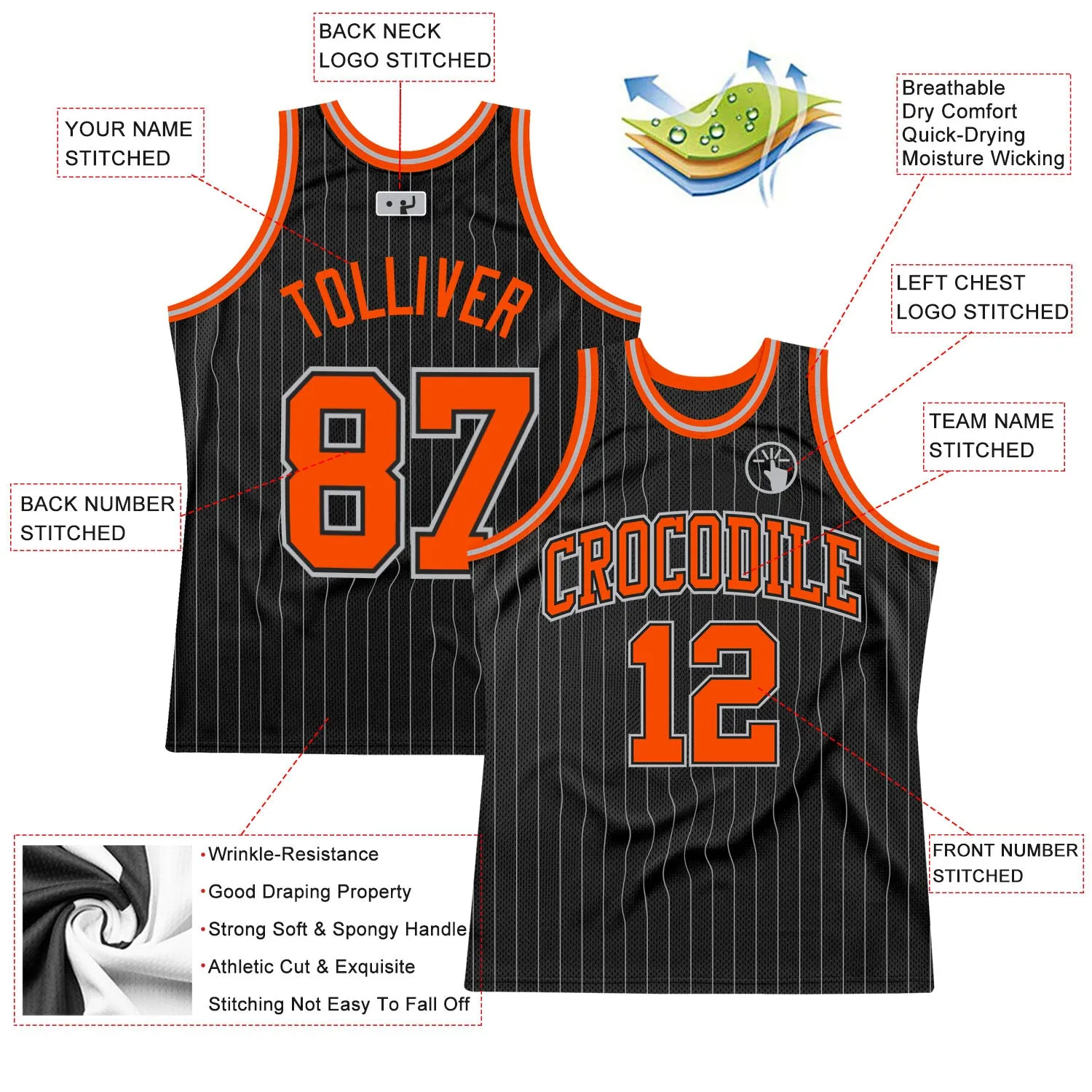 Custom Black Gray Pinstripe Orange-Gray Authentic Basketball Jersey FansIdea