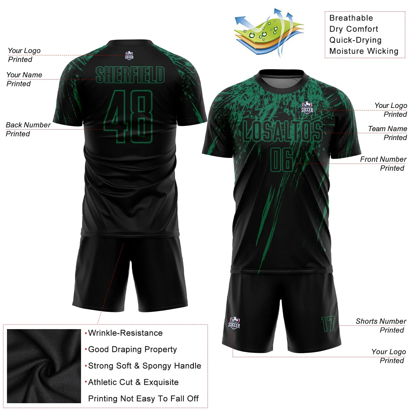 Custom Black Kelly Green Sublimation Soccer Uniform Jersey FansIdea
