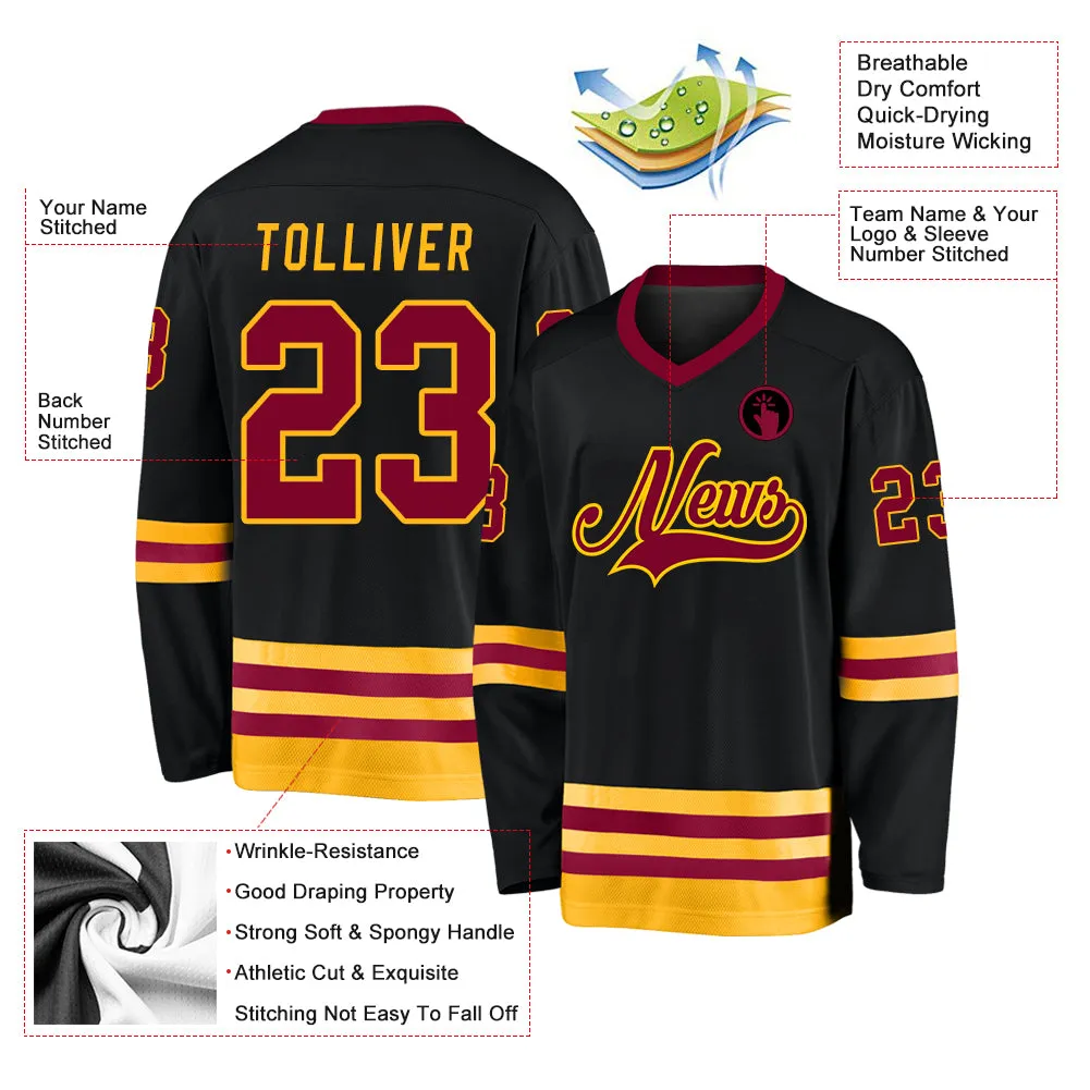 Custom Black Maroon-Gold Hockey Jersey FansIdea
