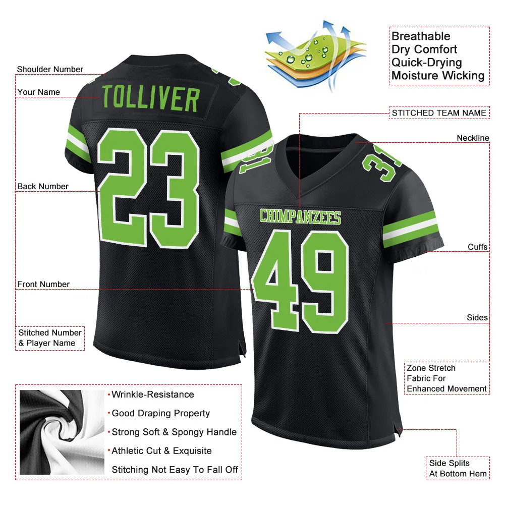 Custom Black Neon Green-White Mesh Authentic Football Jersey FansIdea