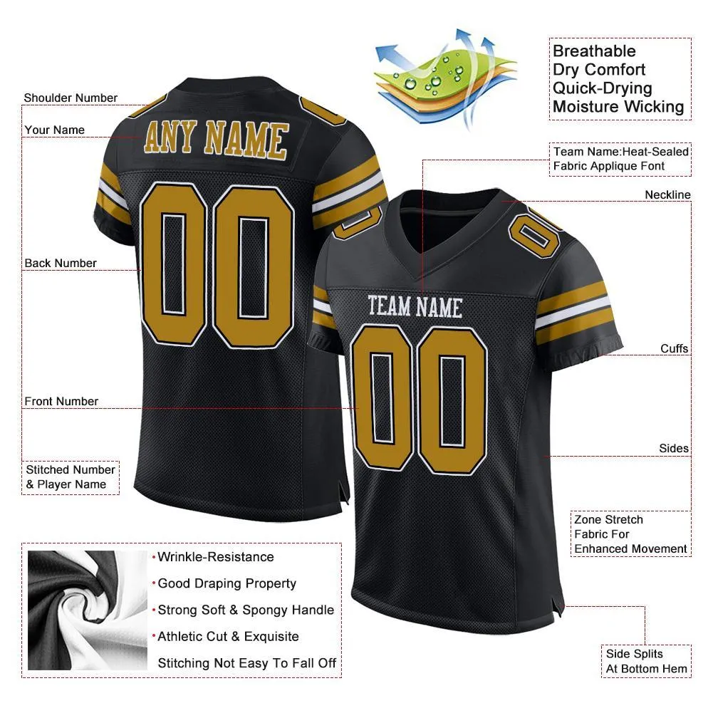 Custom Black Old Gold-White Mesh Authentic Football Jersey FansIdea