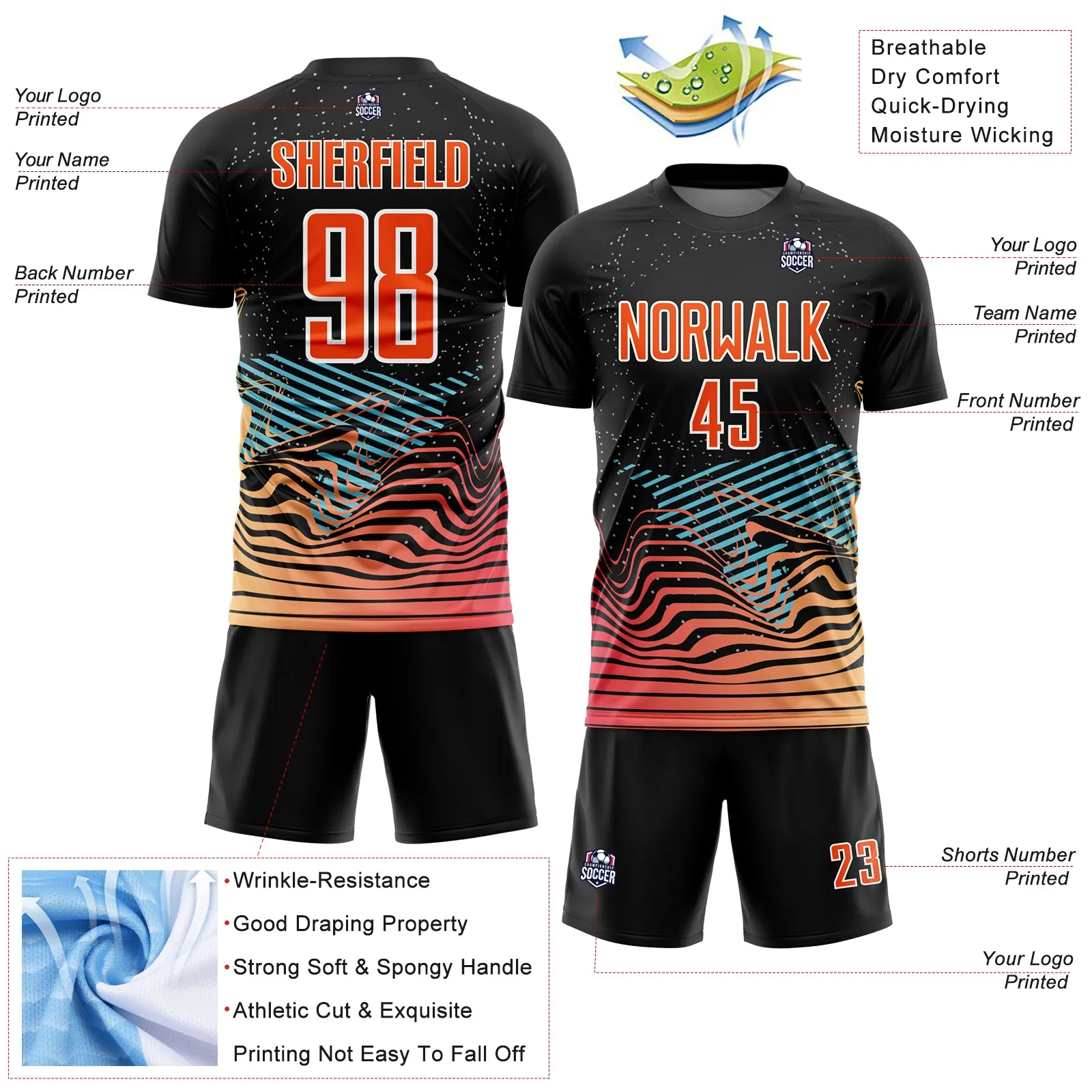 Custom Black Orange-White Lines Sublimation Soccer Uniform Jersey FansIdea