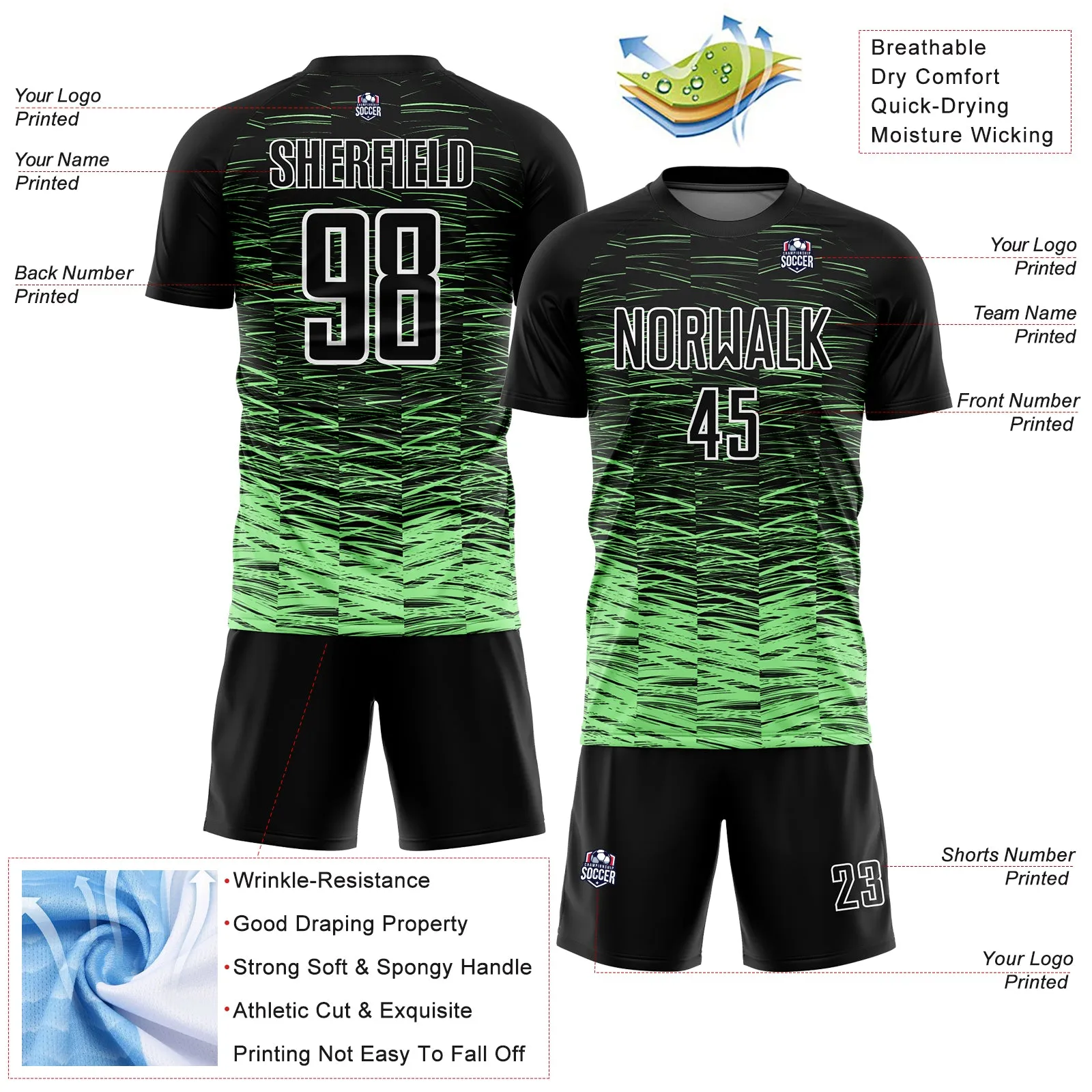 Custom Black Pea Green-White Line Sublimation Soccer Uniform Jersey FansIdea
