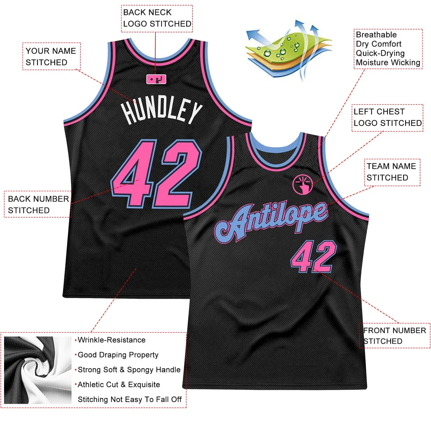 Custom Black Pink-Light Blue Authentic Throwback Basketball Jersey FansIdea