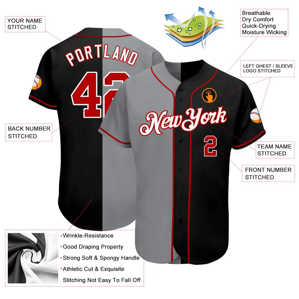 Custom Black Red-Gray Authentic Split Fashion Baseball Jersey FansIdea