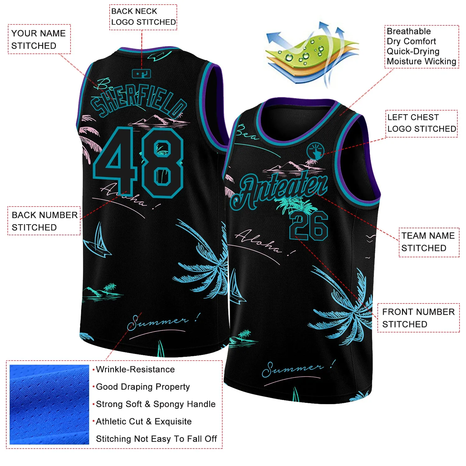 Custom Black Teal 3D Pattern Tropical Hawaii Palm Trees Authentic Basketball Jersey FansIdea