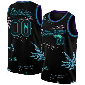Custom Black Teal 3D Pattern Tropical Hawaii Palm Trees Authentic Basketball Jersey FansIdea