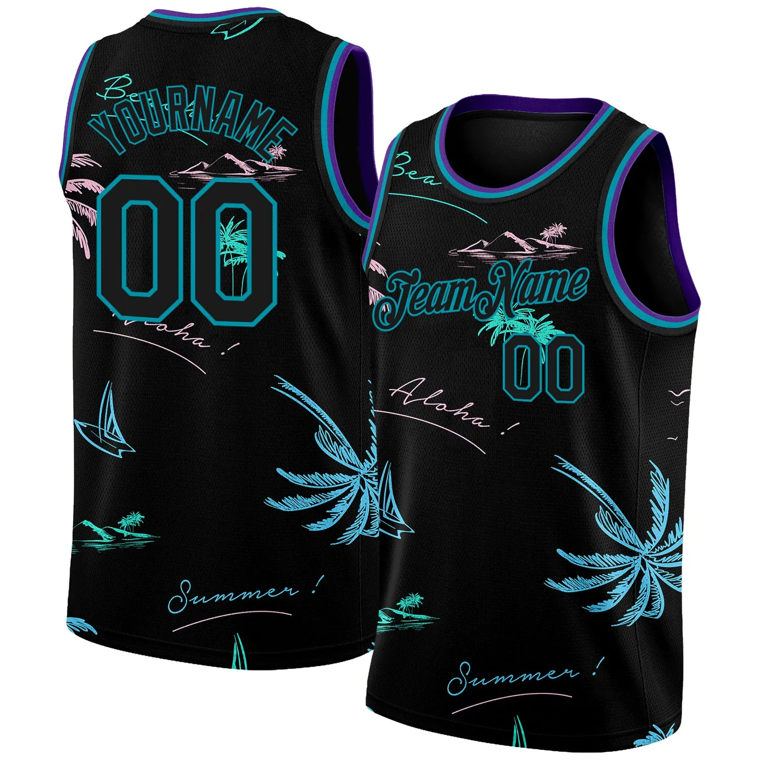 Custom Black Teal 3D Pattern Tropical Hawaii Palm Trees Authentic Basketball Jersey FansIdea