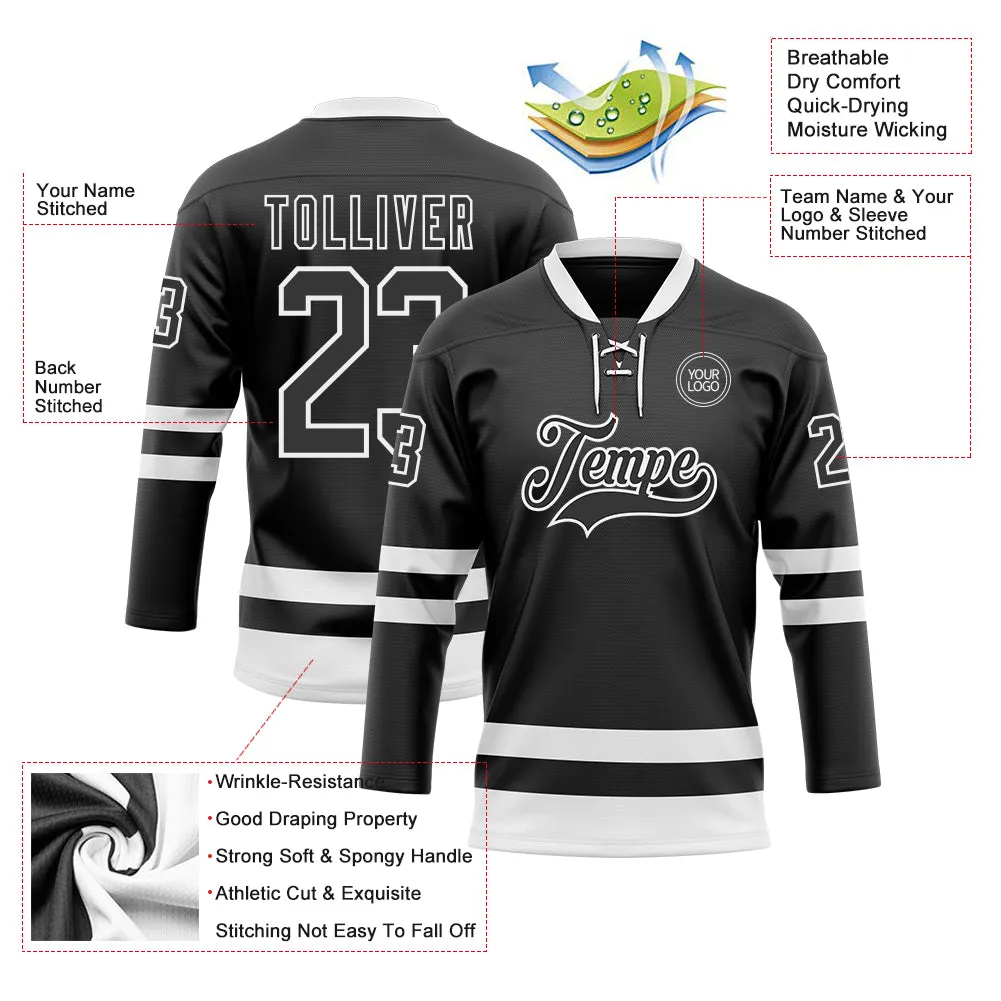 Custom Black White Hockey Lace Neck Jersey FansIdea
