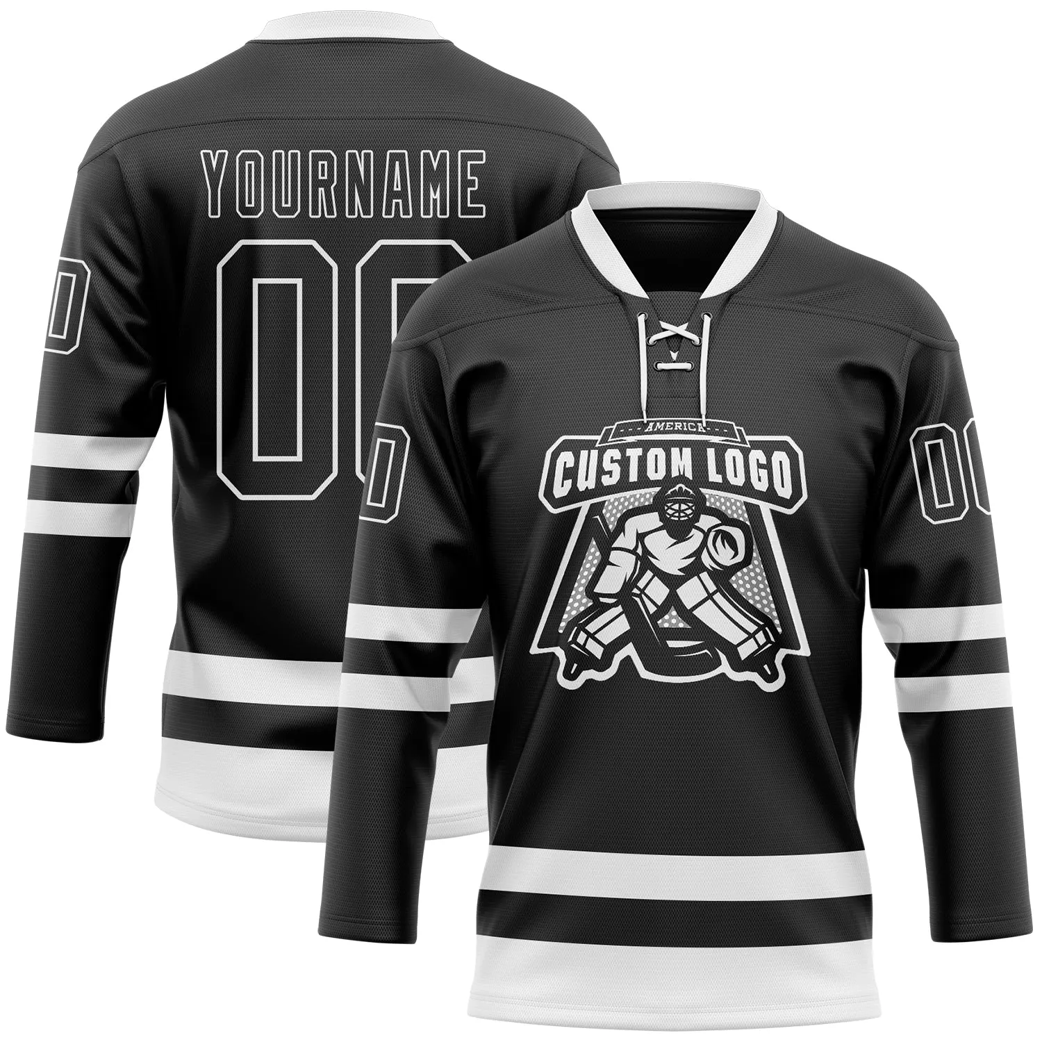 Custom Black White Hockey Lace Neck Jersey FansIdea