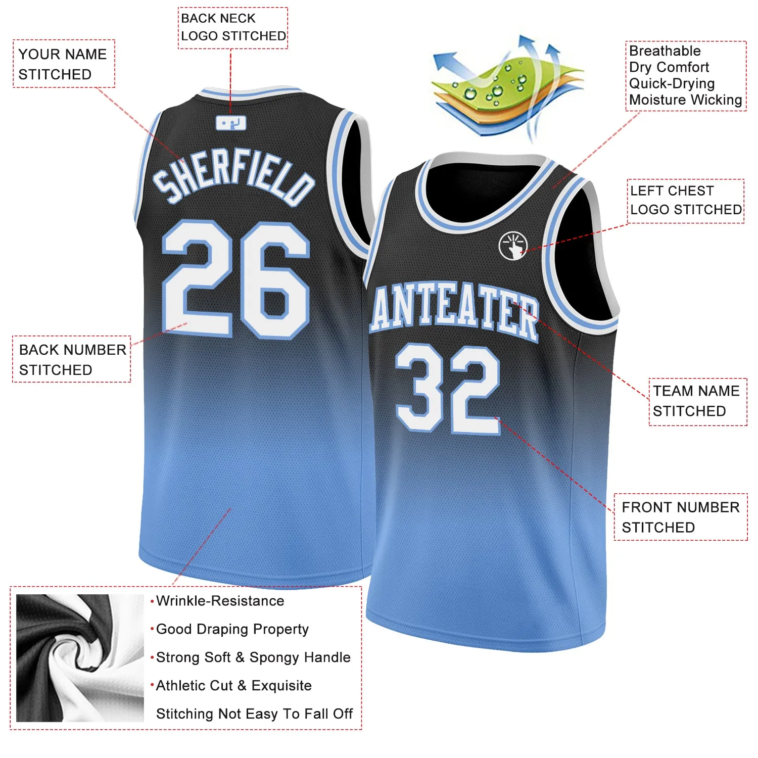 Custom Black White-Light Blue Authentic Fade Fashion Basketball Jersey FansIdea