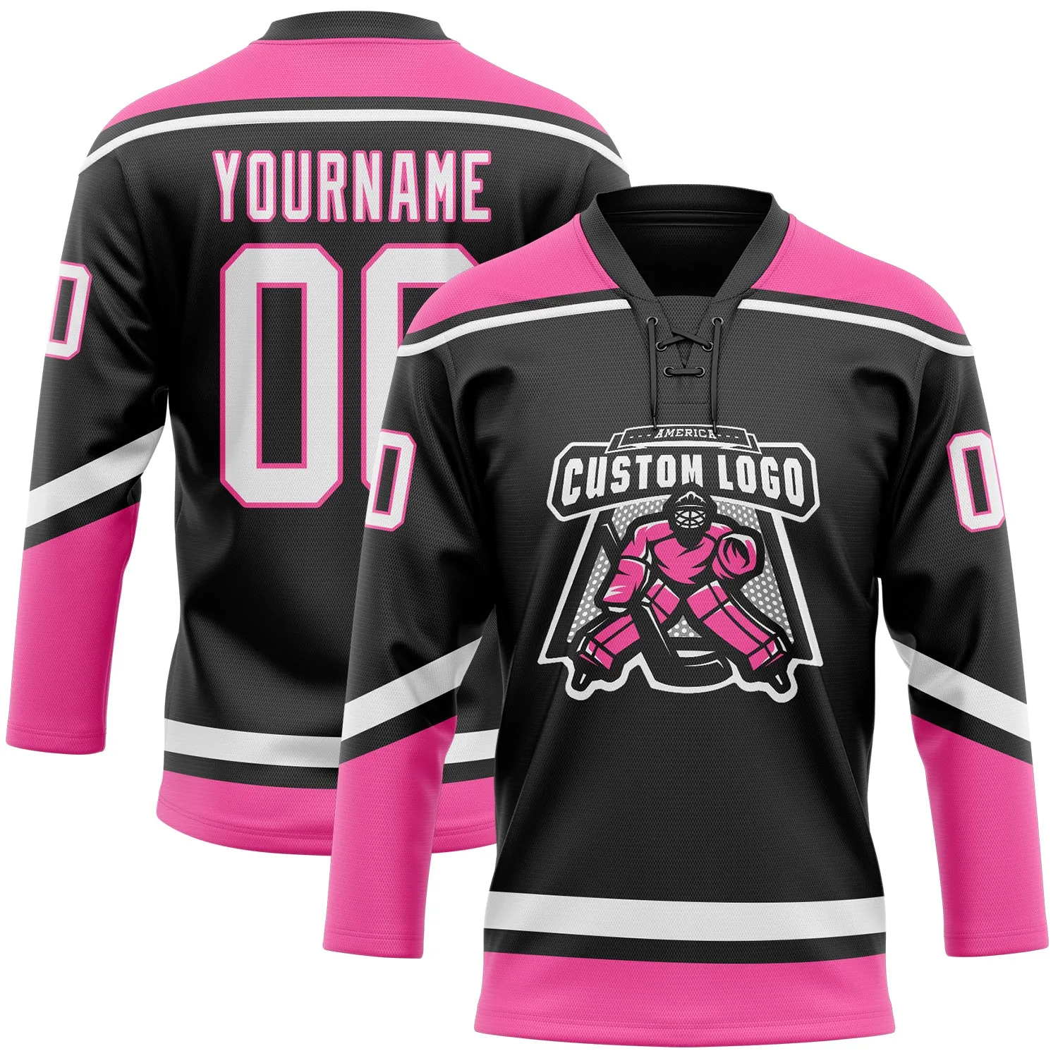 Custom Black White-Pink Hockey Lace Neck Jersey FansIdea