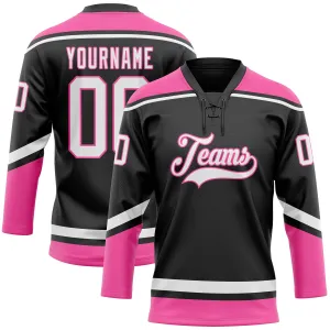 Custom Black White-Pink Hockey Lace Neck Jersey FansIdea