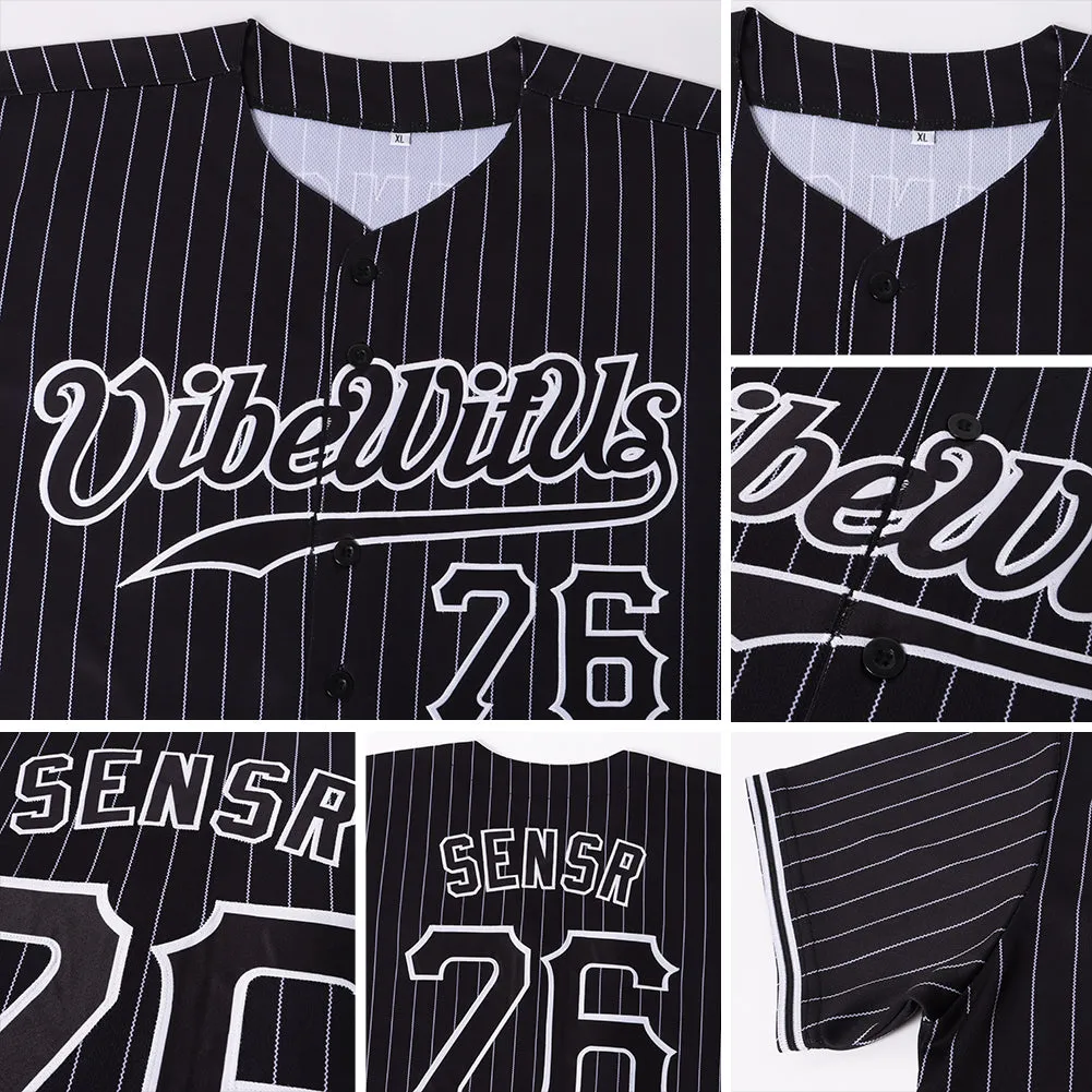 Custom Black White Pinstripe Black-White Authentic Baseball Jersey FansIdea