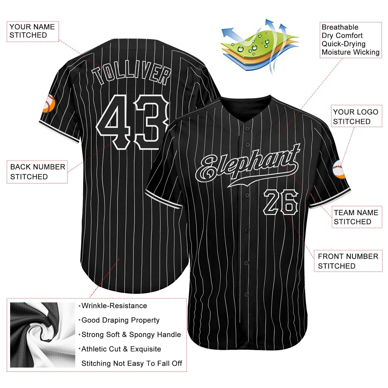 Custom Black White Pinstripe Black-White Authentic Baseball Jersey FansIdea