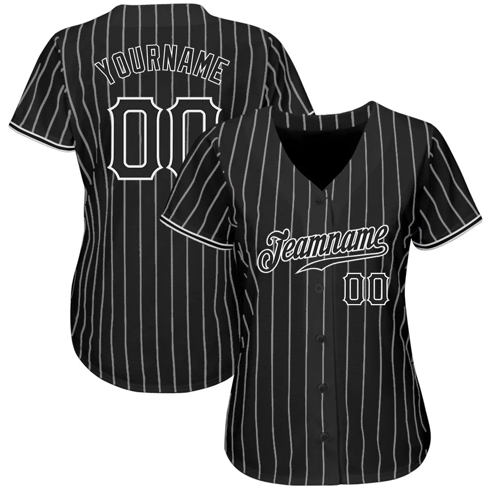 Custom Black White Pinstripe Black-White Authentic Baseball Jersey FansIdea