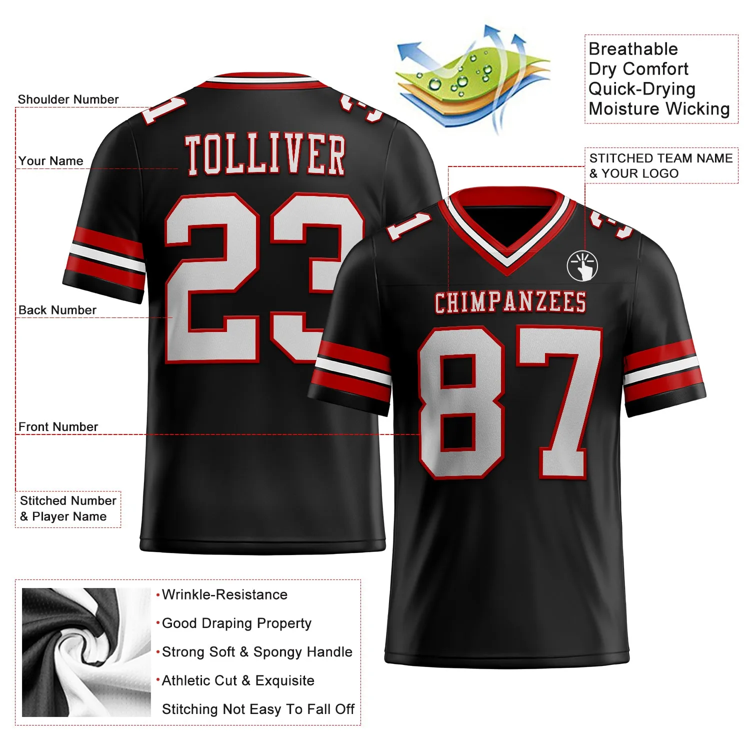 Custom Black White-Red Mesh Authentic Football Jersey FansIdea