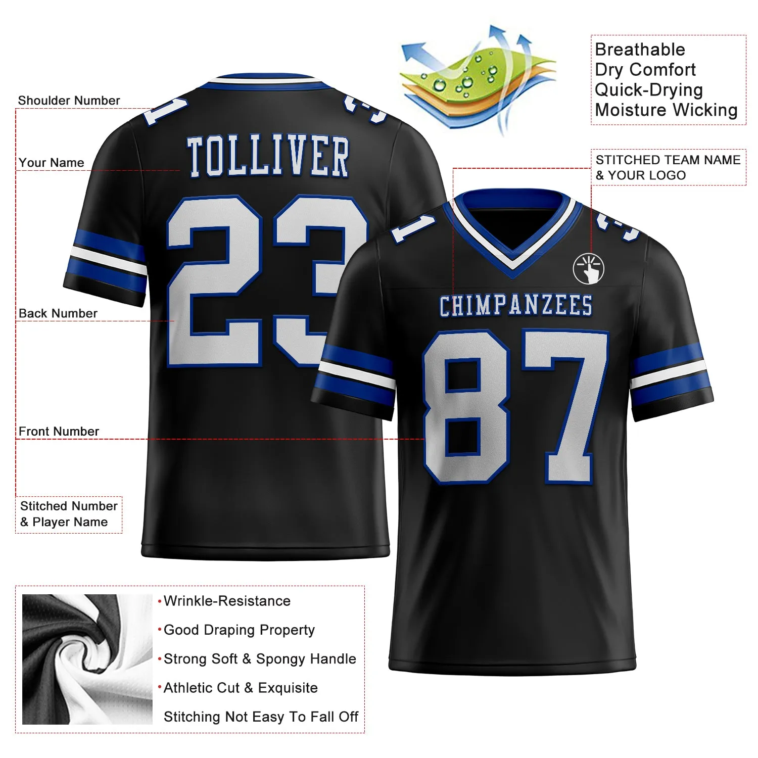 Custom Black White-Royal Mesh Authentic Football Jersey FansIdea