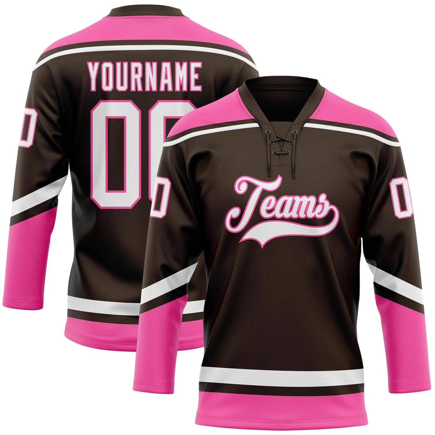 Custom Brown White-Pink Hockey Lace Neck Jersey FansIdea