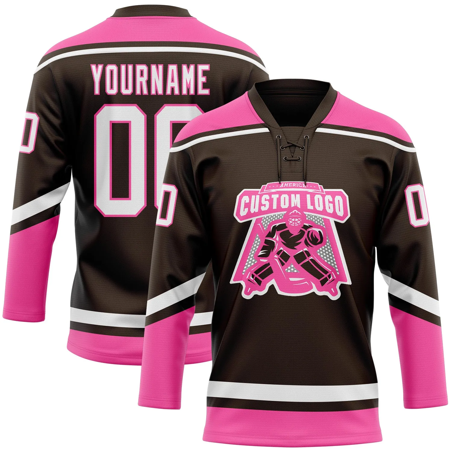 Custom Brown White-Pink Hockey Lace Neck Jersey FansIdea