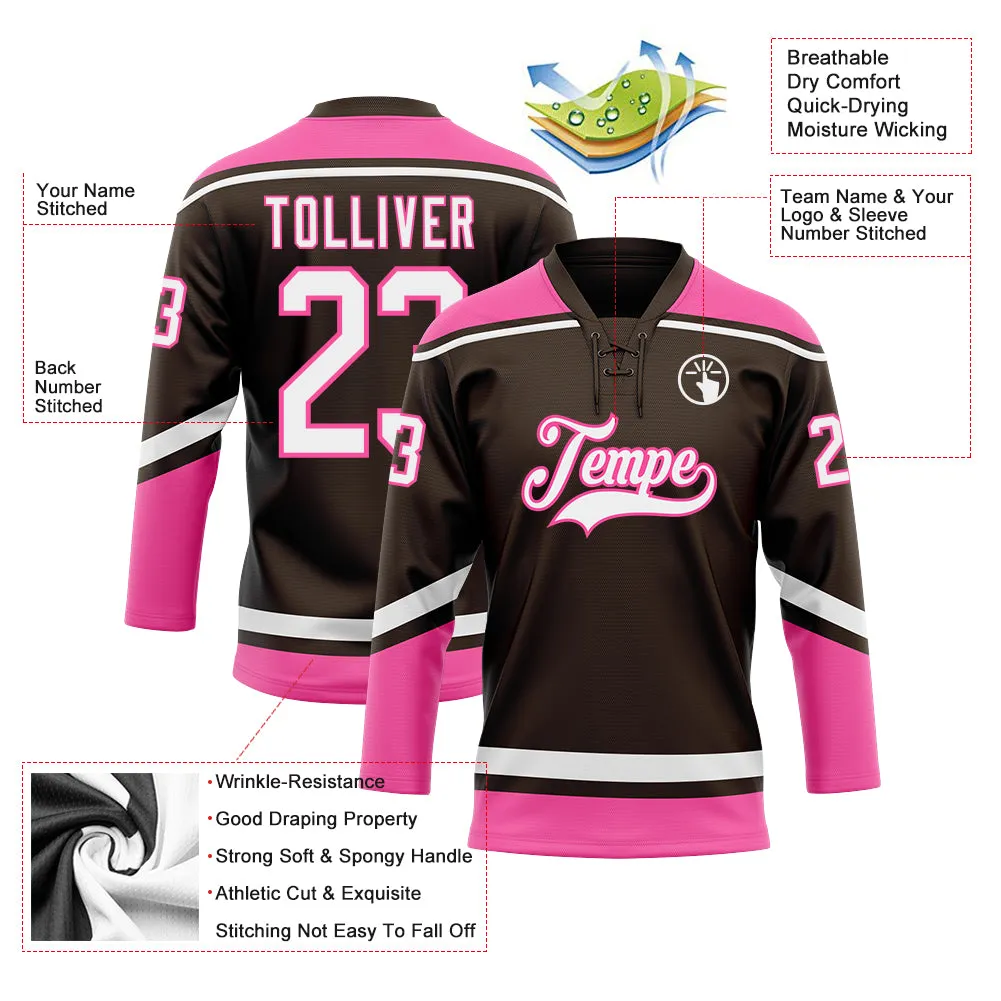 Custom Brown White-Pink Hockey Lace Neck Jersey FansIdea