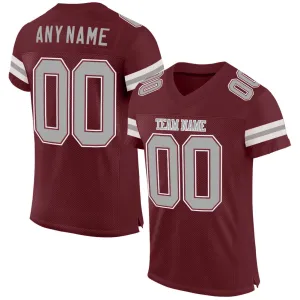 Custom Burgundy Gray-White Mesh Authentic Football Jersey FansIdea