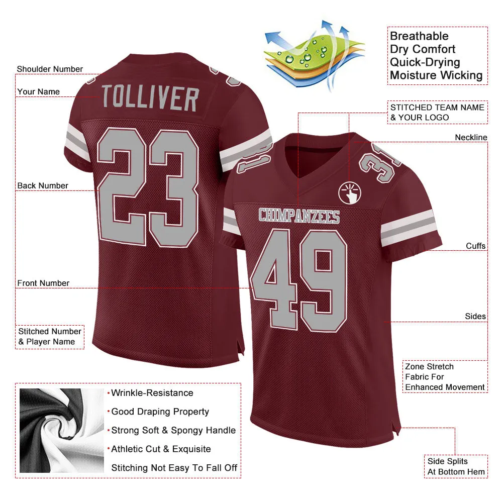 Custom Burgundy Gray-White Mesh Authentic Football Jersey FansIdea