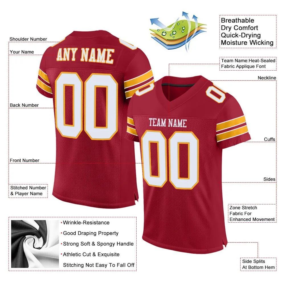 Custom Cardinal White-Gold Mesh Authentic Football Jersey FansIdea