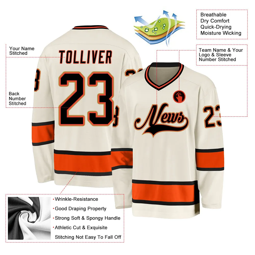 Custom Cream Black-Orange Hockey Jersey FansIdea