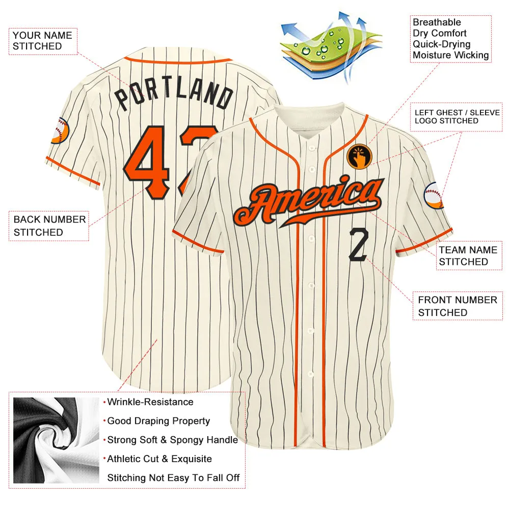 Custom Cream Black Pinstripe Orange-Black Authentic Baseball Jersey FansIdea