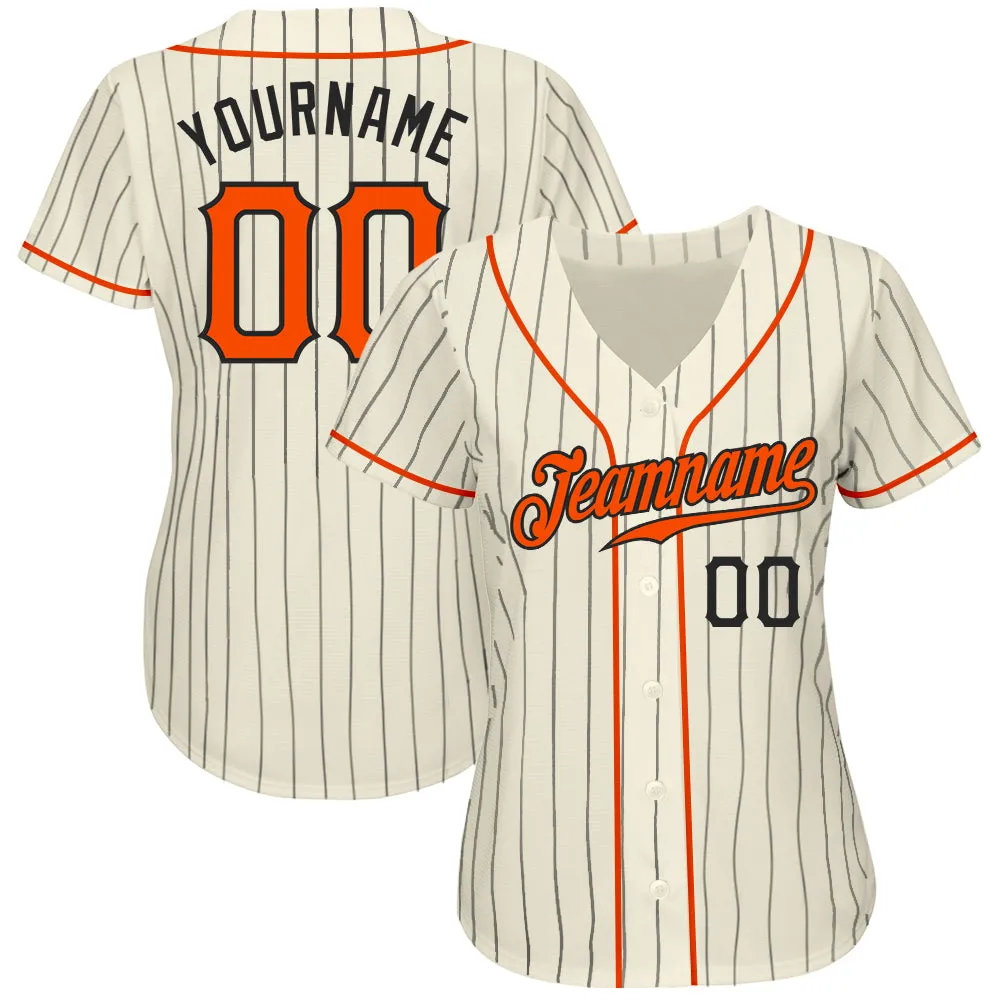 Custom Cream Black Pinstripe Orange-Black Authentic Baseball Jersey FansIdea