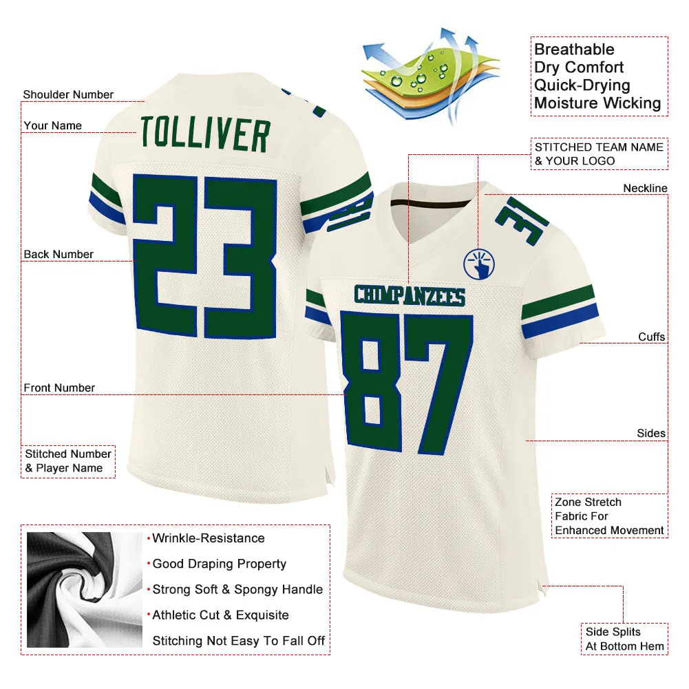 Custom Cream Green-Royal Mesh Authentic Football Jersey FansIdea