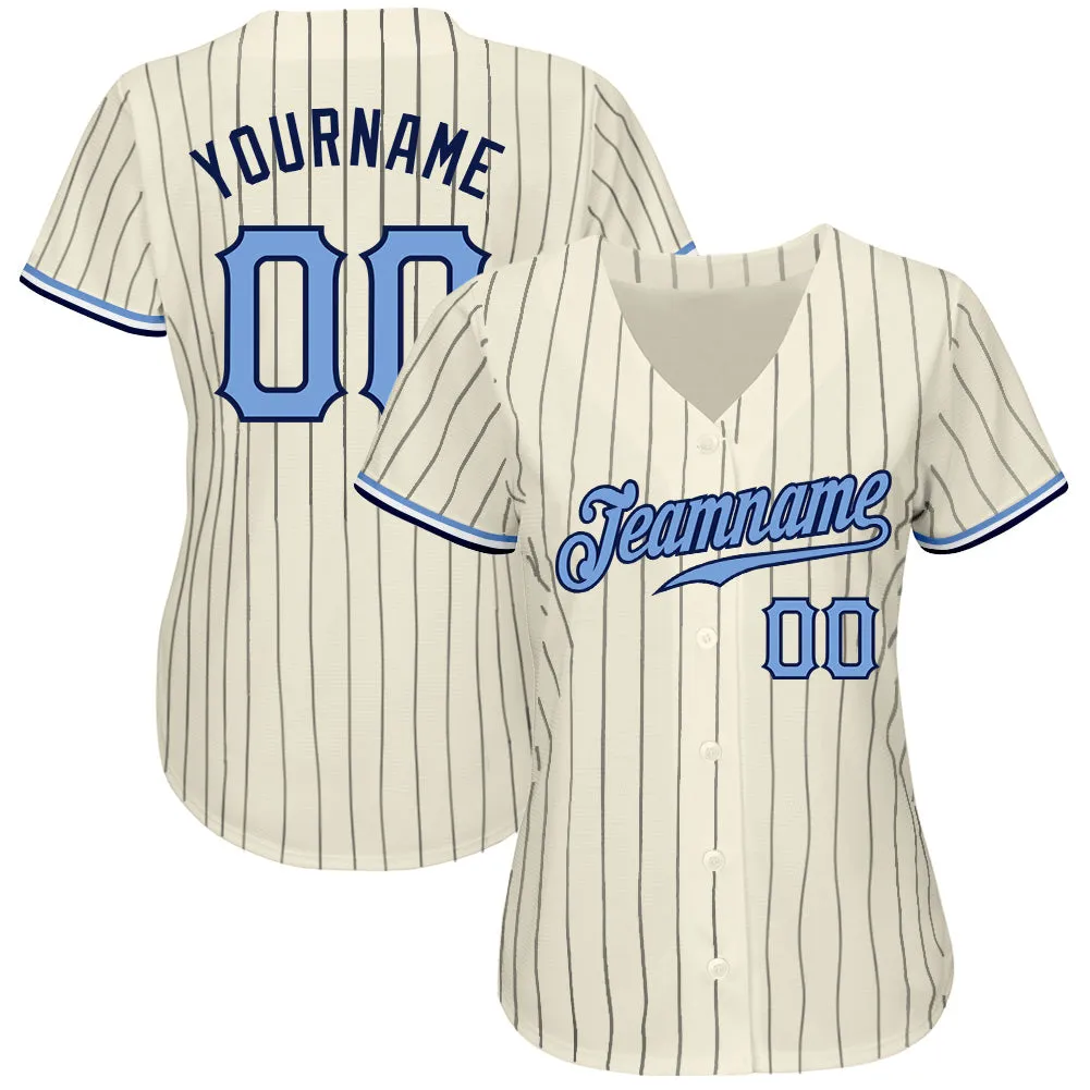Custom Cream Navy Pinstripe Light Blue-Navy Authentic Baseball Jersey FansIdea