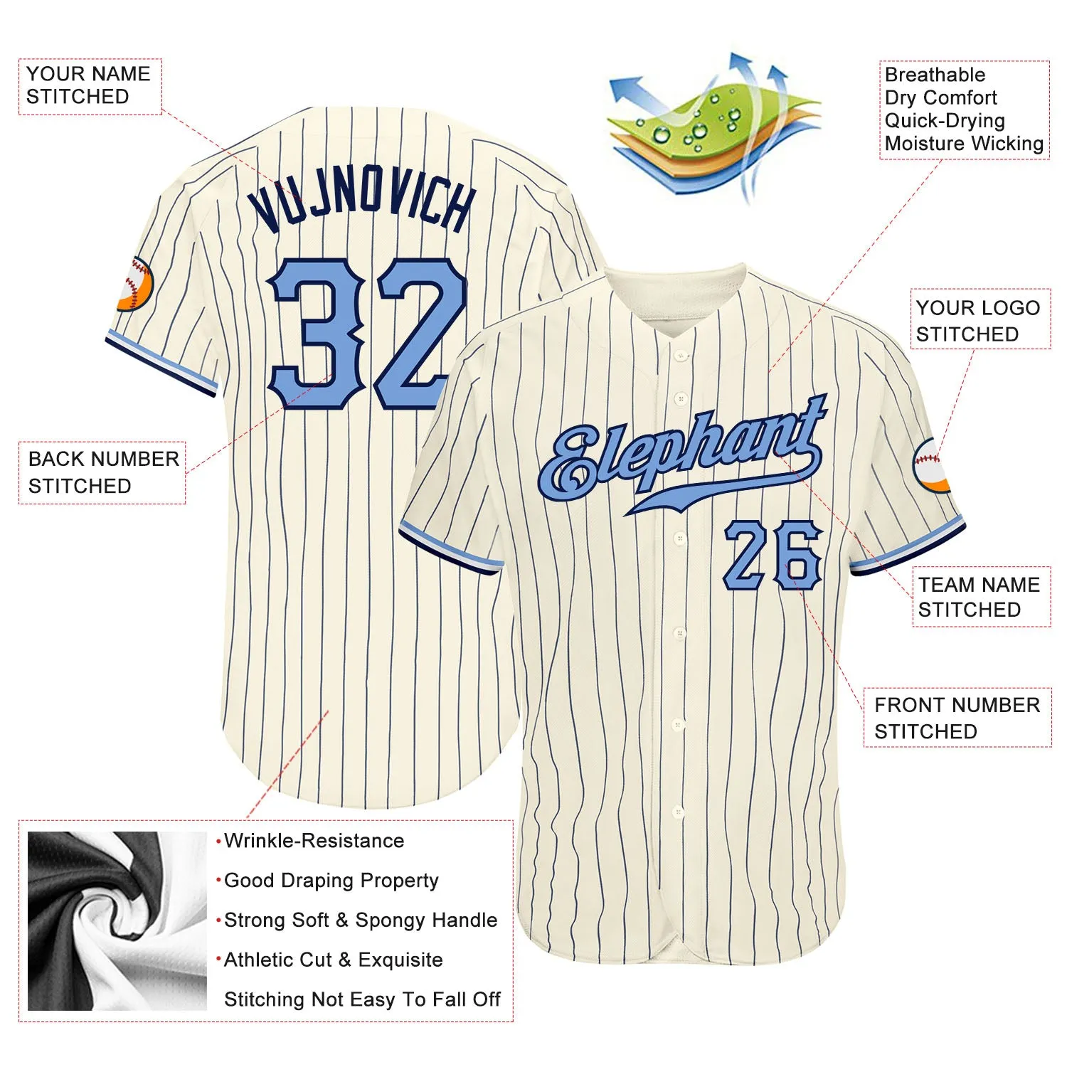 Custom Cream Navy Pinstripe Light Blue-Navy Authentic Baseball Jersey FansIdea