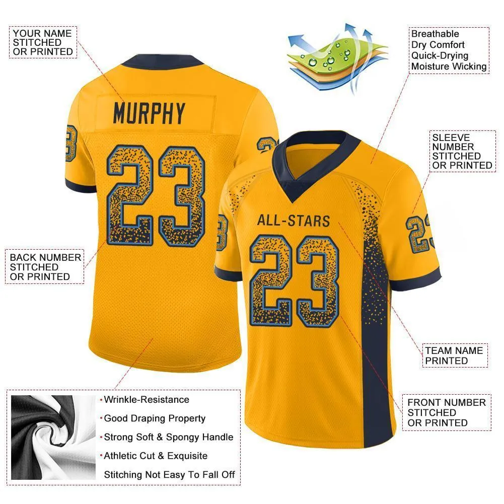 Custom Gold Navy-Powder Blue Mesh Drift Fashion Football Jersey FansIdea